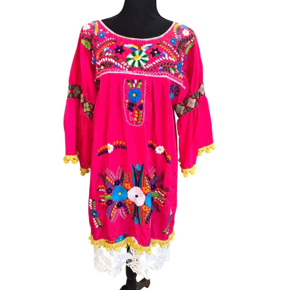 Handmade Fiesta Mexican Embroidered Floral Dress Crochet Hem Bell Slve Hot Pink